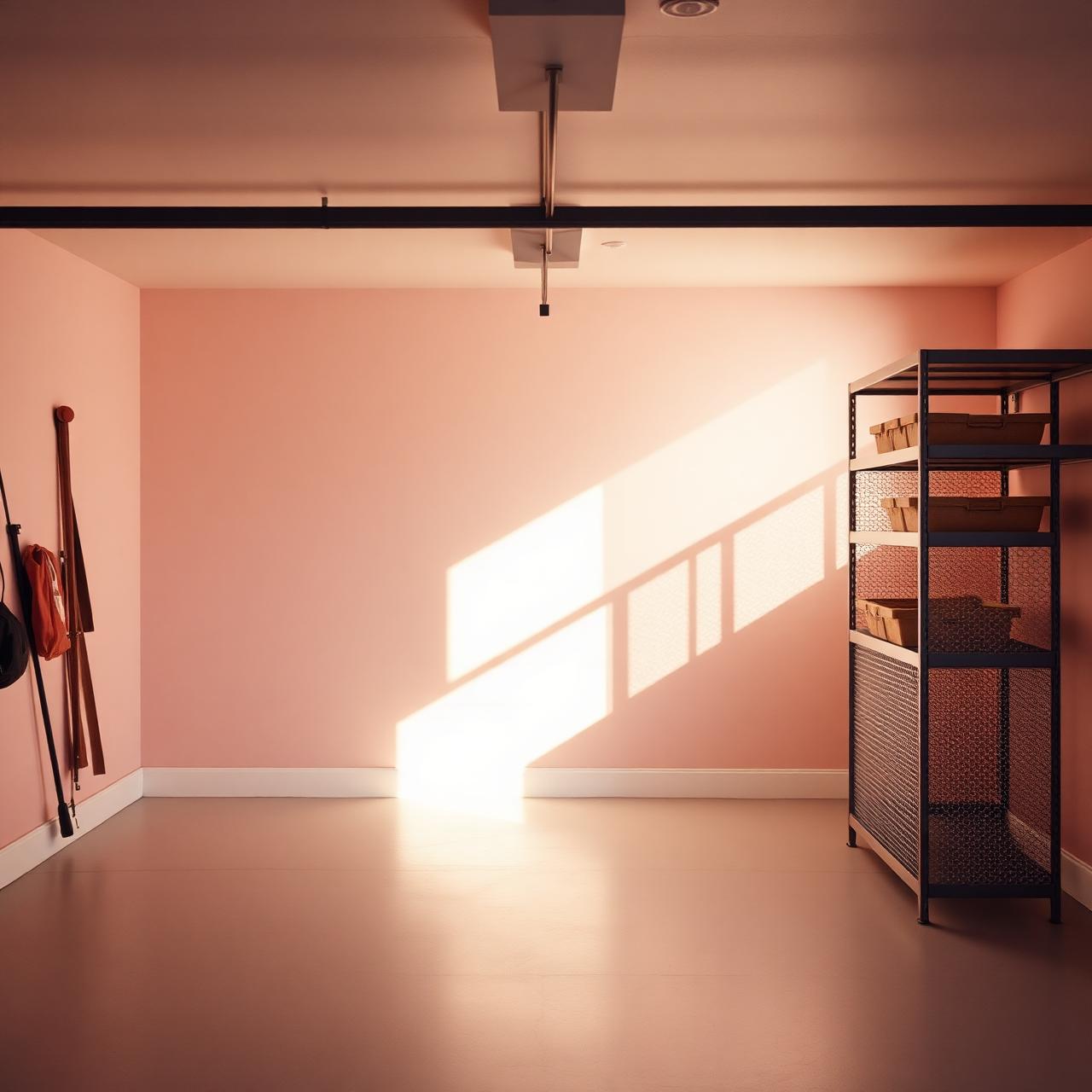 A calm, freshly cleared garage bathed in warm afternoon light